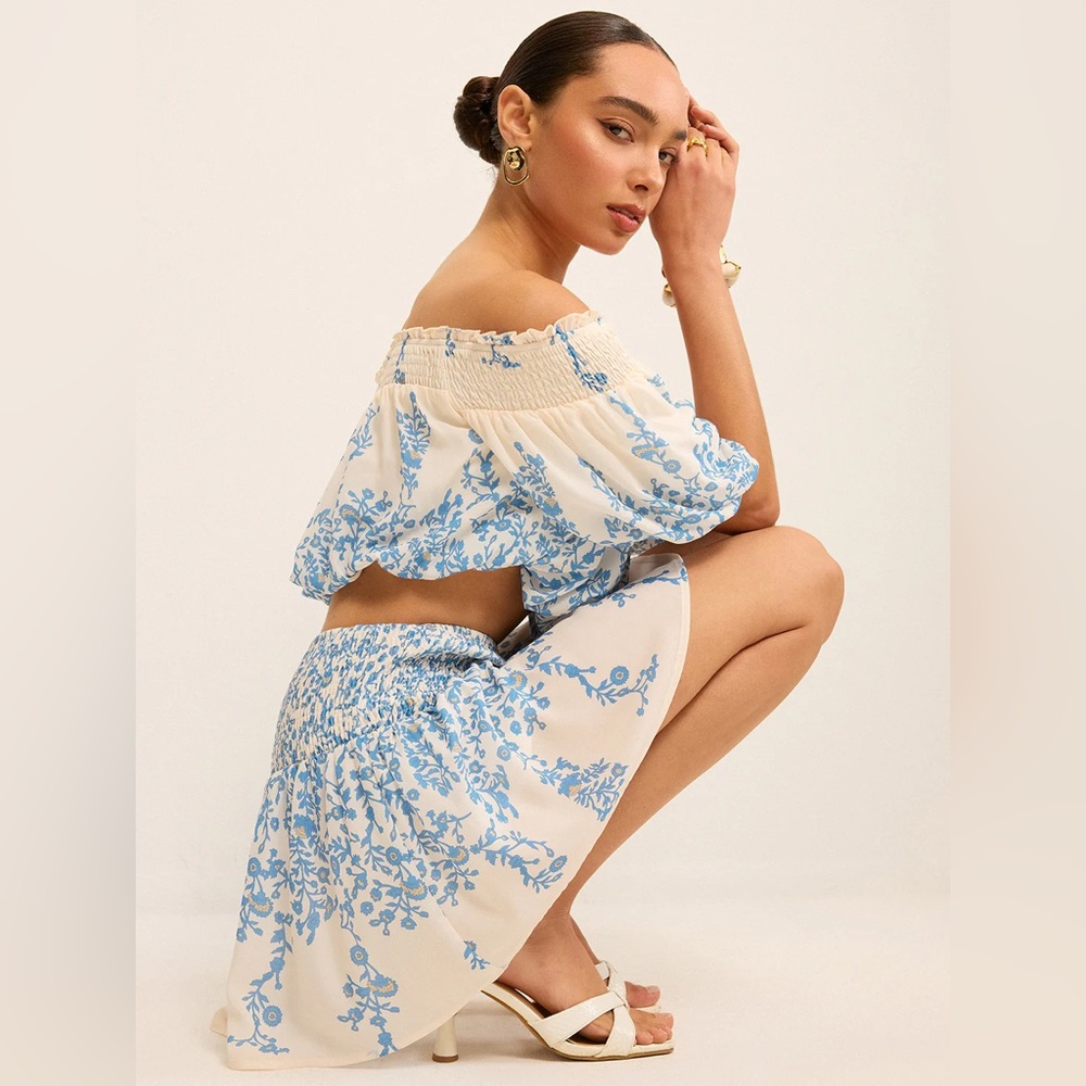 Floral Off-Shoulder Crop Top and Cinching Skirt Set - Commense